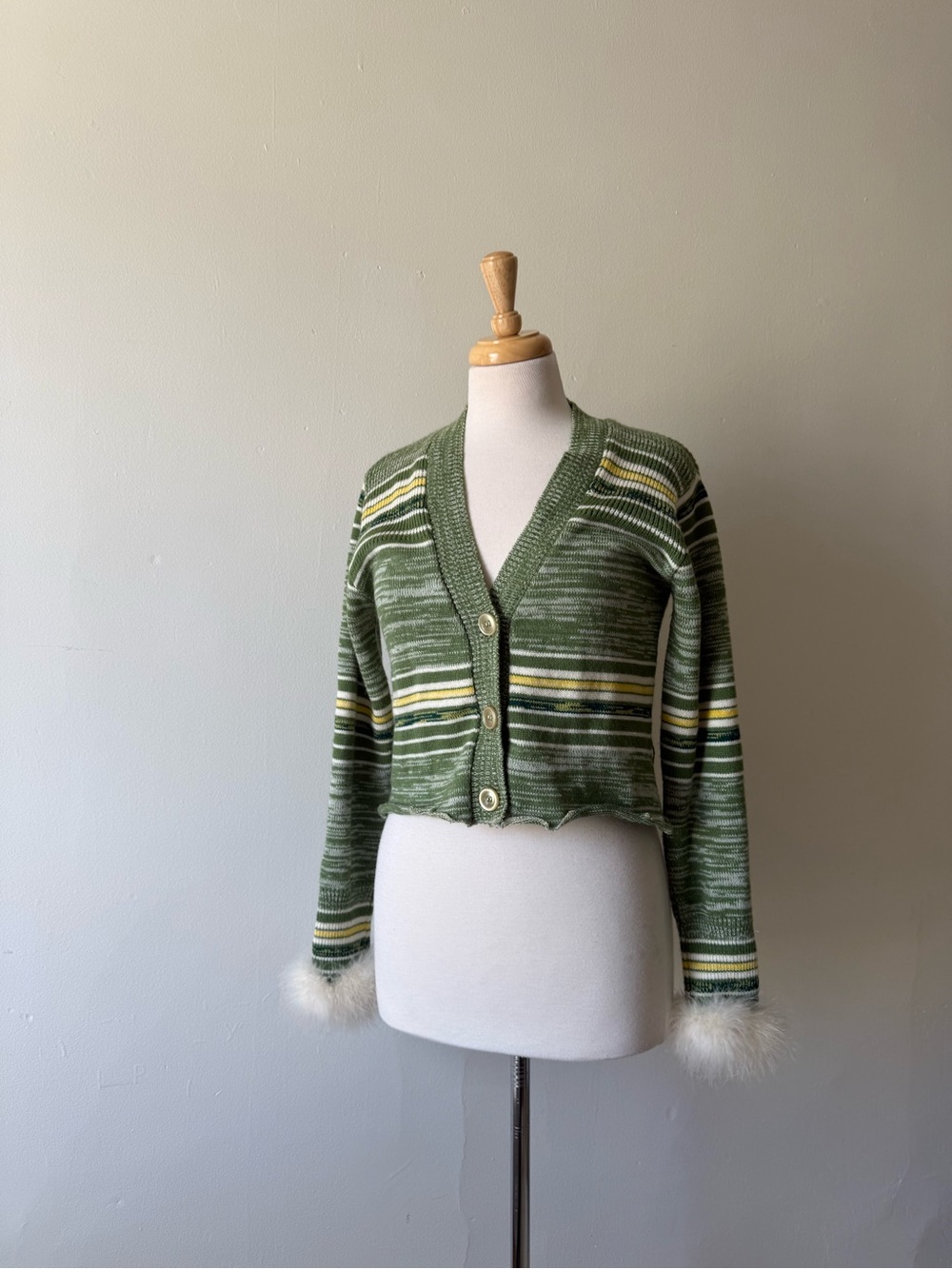Y2K Olive Stripe Fur Cuff Cardigan Sweater